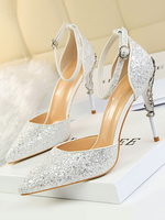 Fersensandalen Splitter Stiletto Ferse spitze Zehen Pailletten Stoff Knöchelriemen Fersen