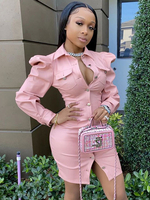Figurbetonte Kleider Rosa Umlegekragen Knöpfe Sexy Lange Ärmel Midi Bleistiftkleid