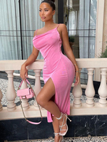 Figurbetonte Kleider Rose Rot ärmellos Split Front Casual Straps Neck Offene Schulter Etuikleid