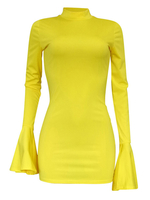 Figurbetontes Kleid Gelb mit langen Ärmeln Stehkragen Ausgestelltes Sleeves beiläufige dünne Sitz-Kleid Etuikleid