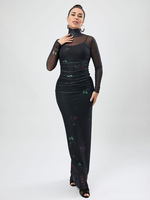 Figurbetontes Kleid mit Print schwarzer Stehkragen Plissee schickes langärmliges Bleistiftkleid