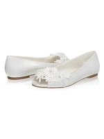 Flache Hochzeitsschuhe Satin Peep Toe Brautschuhe mit Blumen