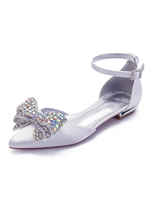 Flache Hochzeitsschuhe White Satin Bows Pointed Toe Knöchelriemen Brautschuhe Brautjungfernschuhe