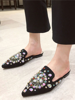 Flache Pantoletten für Damen mit spitzen Zehenpantoffeln; verzierte Schuhe