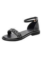 Flache Sandalen der Frau Strass Flache PU-Leder Casual Knöchelriemen Flats