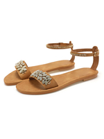 Flache Sandalen für Frauen Casual Knöpfe Kunstleder Low Tops Knöchelriemen Hellbraune Flache Sandalen