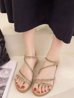 Flache Sandalen für Frauen Strass Flache Ferse Offene Spitze PU-Leder Schicke Sommersandalen