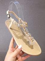 Flache Sandalen für Frauen Strass Flache runde Zehen PU Leder lässige T-Riemen Absätze