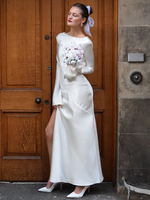 Fließendes fleckiges Kleid U-Boot-Ausschnitt Rüschenärmel drapierter Rücken Maxi-Abschlussballkleider