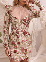 Floral Bodycon Kleider Bedruckt Langarm Sheer Sexy Midi Kleid