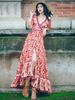Floral Boho Dress Sommerkleid mit V-Ausschnitt Geknotet Maxikleid mit aufgeteilten Aufdruck
