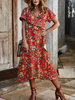 Floral Maxi Kleider Kurzarm Bedrucktes Wickelkleid mit V-Ausschnitt
