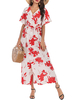 Floral Maxi Kleider Kurzarm Chiffon Wickelkleid mit V-Ausschnitt