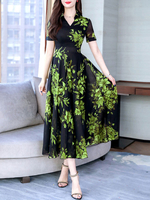 Floral Maxi Kleider Kurzarm Print V-Ausschnitt Chiffon Swing Kleid