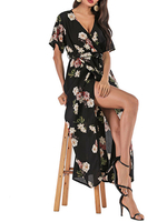 Floral Maxi Kleider Kurzarm Print V-Ausschnitt Chiffon Wickelkleid