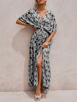 Floral Maxikleid V-Ausschnitt Kurzarm Split Beach Dress