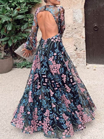 Floral Maxikleider Rückenloses langärmliges bodenlanges Kleid