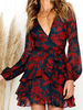 Floral Minikleid Langarm Kleid Tiefer Chiffon Dark Navy Herbstkleid