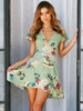 Floral Skater Kleid V-Ausschnitt Kurzarm Grün Sommerkleid