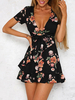 Floral Skater Kleider Druck mit V-Ausschnitt Rüschen kurzen Ärmeln Sommer-Kleid