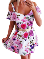Floral Skater Kleider mit kurzen Ärmeln Rüschen Print Fit und Flare Kleid