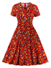 Floral Vintage Kleid 1950er Jahre V-Ausschnitt Kurzarm Frau Sommerkleid