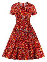 Floral Vintage Kleid 1950er Jahre V-Ausschnitt Kurzarm Frau Sommerkleid