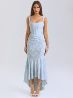 Florales Maxikleid mit quadratischem Kragen ärmellos Meerjungfrau plissiertes Partykleid für Damen 2025