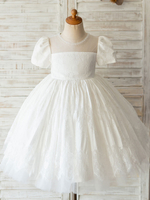 Flower Girl Kleider White Jewel Neck Kurzarm Ärmel Perlen Formale Kinder Festzug Kleider