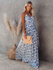 Flowy Maxi Kleid V-Ausschnitt Blumendruck Schnür rückenfreies Baby Blue Long Kleid