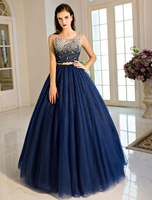 Formelle Anlässe Kleid mit Perlen-Applikation in Dunkelblau mit Rundkragen bodenlang