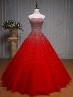 Formelle Anlässe Kleid mit Schnürung und trägerlosem Design und Perlen-Applikation in Rot