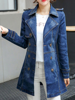 Frau Denim Mantel Blau Turndown Kragen Langarm Knöpfe Maxi Mantel