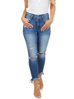 Frau Jeans blau Baumwolle gestickte dünne reizvolle lange Zerrissene Jeans
