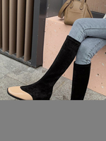 Frau Kniehohe Stiefel Leder Aprikose Square Toe Flache flache knielange Stiefel