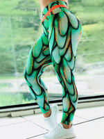 Frau Leggings Grüne Blumendruck Elastic Waist Sporthose