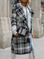Frau Mantel Plaid Muster Turndown Kragen Retro Schwarz Wickelmantel Wintermantel