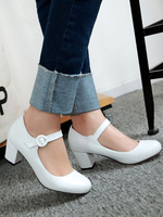 Frau Mid Low Heels Runde Zehen Weiß PU Leder Elegante Pumps Heels Schuhe