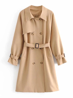 Frau Oberbekleidung Turndown Kragen Schnürung Long Wind Proof Casual Khaki Maxi Coat