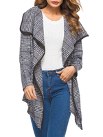 Frau Plaid Mantel Grau Umlegekragen Langarm Wickelmantel