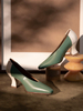 Frau V-Schnitt Vintage Schuhe Retro quadratische Zehe mittlere Ferse Grün Pumps