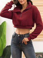 Frau Winterjacke Burgunder Strand Kragen Langarm Crop Top