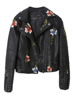 Frauen 2021 Biker Jacke besetzt Blumen bestickt Langarm Kunstleder Jacke