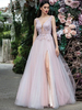Frauen Abendkleid A-Linie V-Ausschnitt Bodenlang rückenfrei Applique Spitze Social Pageant Kleider Split Kleid