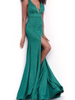 Frauen Abendkleid Waldgrün V-Ausschnitt rückenfreies Polyester Split Maxi Partykleid
