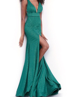 Frauen Abendkleid Waldgrün V-Ausschnitt rückenfreies Polyester Split Maxi Partykleid