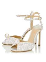 Frauen Abendschuhe Weiß Peep Toe Perlen Detail Knöchelriemen High Heel Sandalen Hochzeitsschuhe
