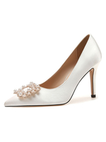 Frauen Abendschuhe White Pointed Toe Pearls Satin Party Schuhe