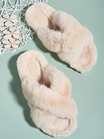 Frauen Aprikose Maultiere Künstliche kurze Plüsch Chic Kunstpelz Indoor Slipper Pantoletten Schuhe