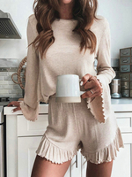 Frauen Aprikose zweiteilige Sätze Polyester Jewel Neck Cascading Rüschen Casual Long Sleeves Outfit